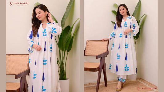 🌼 Embrace Elegance: The White Blue Handblock Printed Premium Mul Cotton Kurta Set